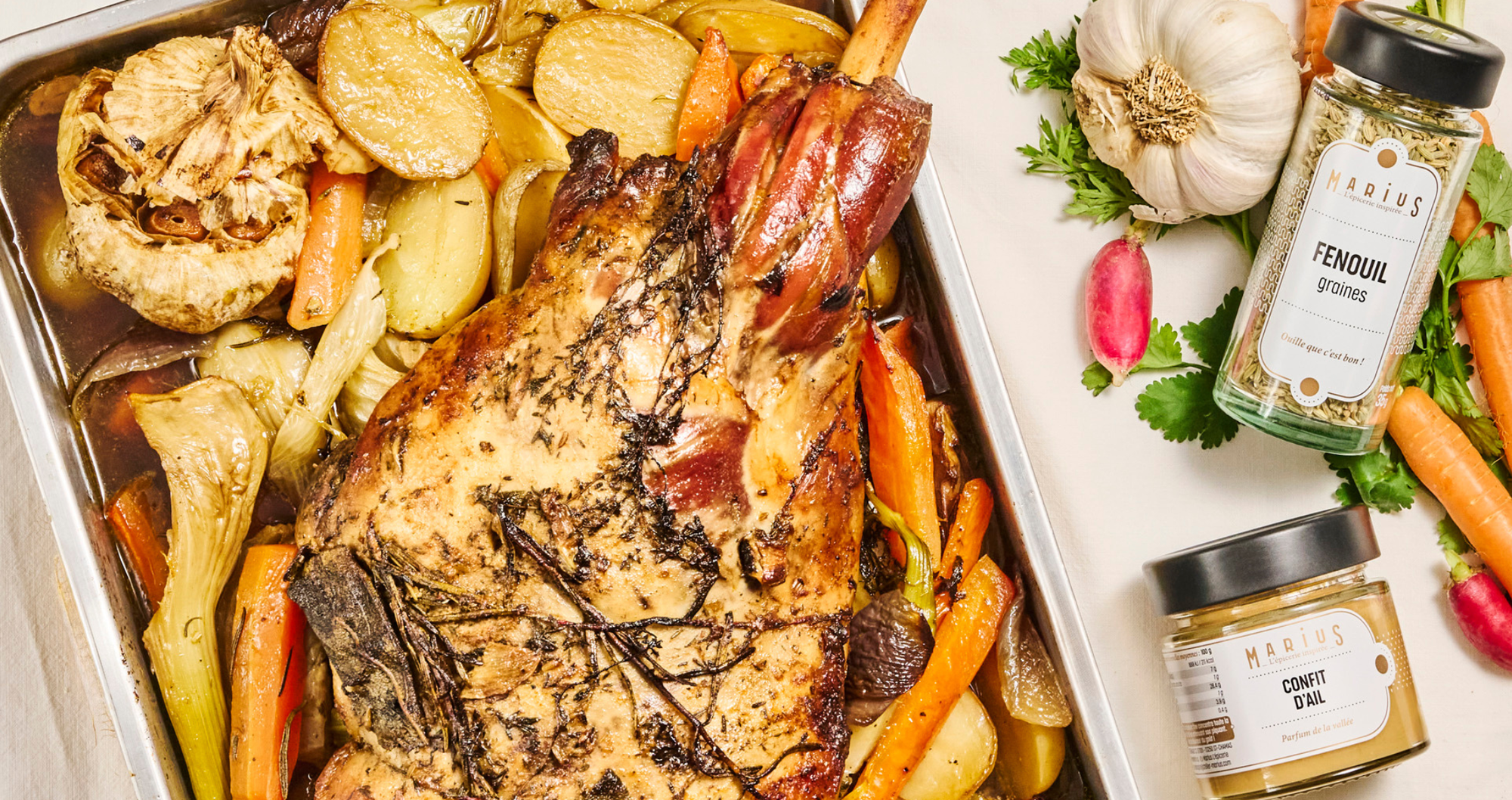 Recette gigot confit au fenouil, épices & légumes de printemps MARiUS l'épicerie inspirée