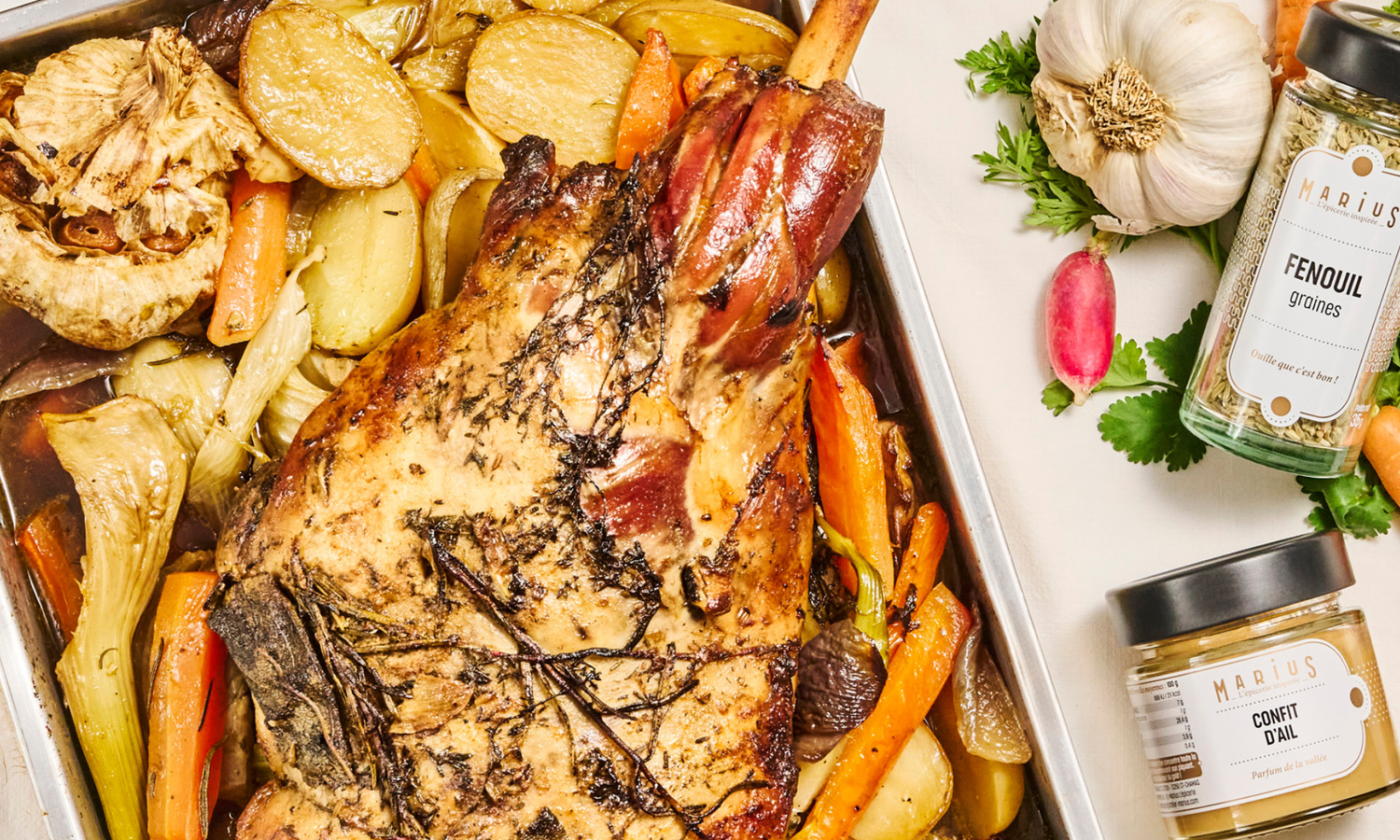 Recette gigot confit au fenouil, épices & légumes de printemps MARiUS l'épicerie inspirée