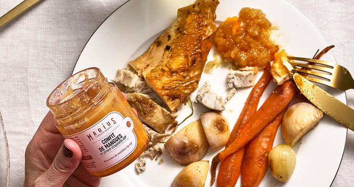 Dinde rôtie, légumes glacés et chutney de mangues