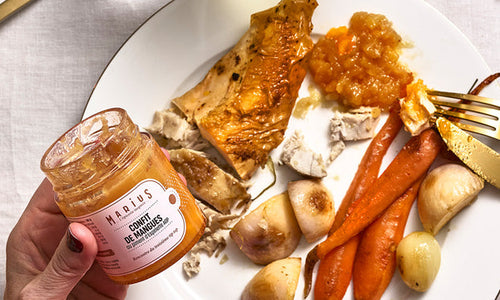 Dinde rôtie, légumes glacés et chutney de mangues