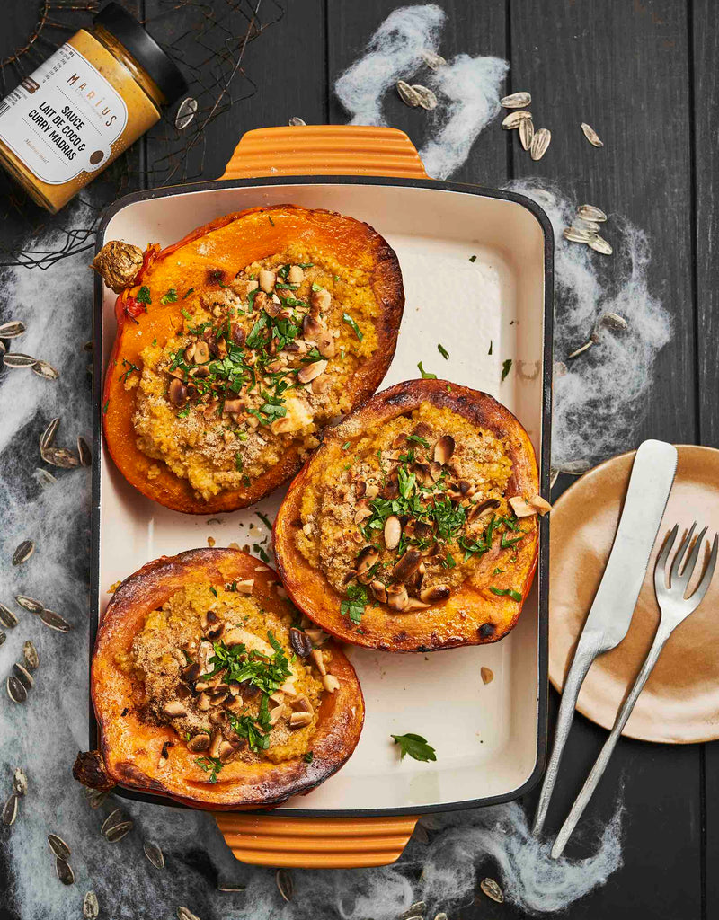 Potimarrons farcis au boulghour, poulet et sauce curry