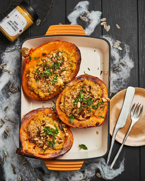 Potimarrons farcis au boulghour, poulet et sauce curry