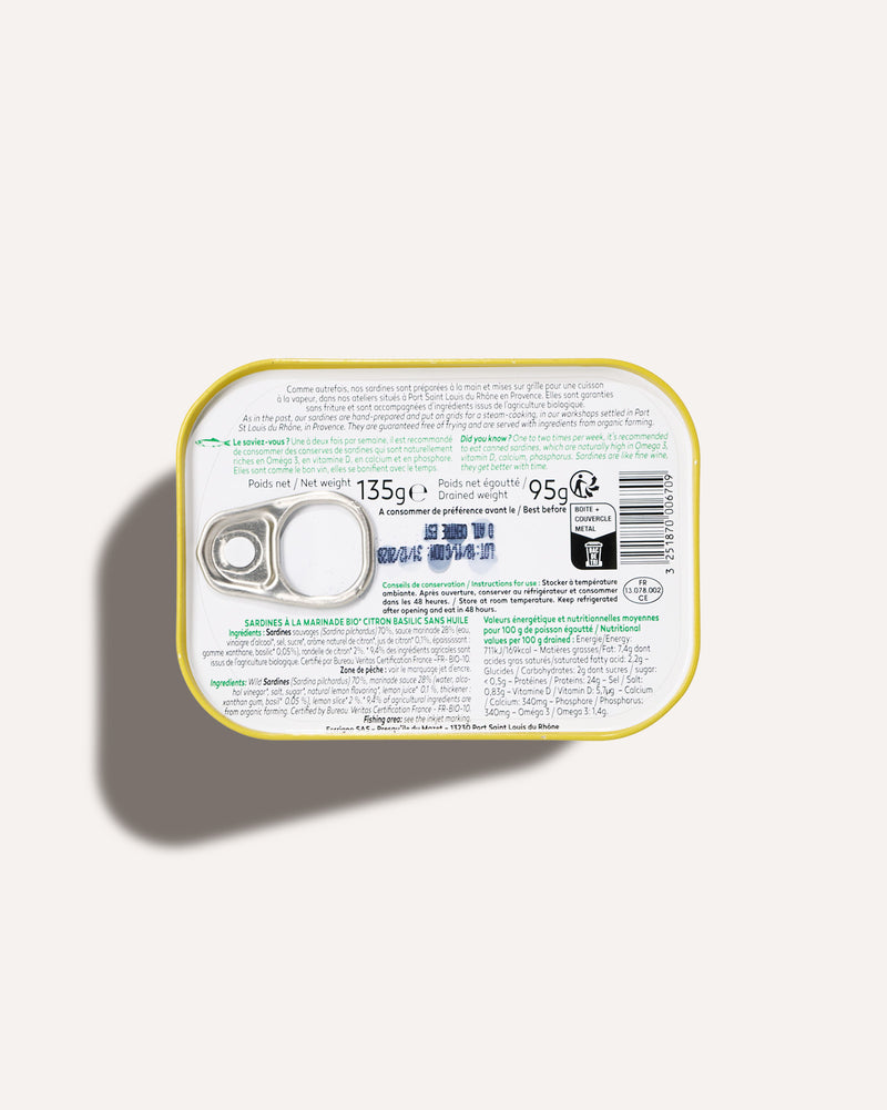 Sardines à la marinade bio citron et basilic sans huile - La Bonne Mer Ferrigno