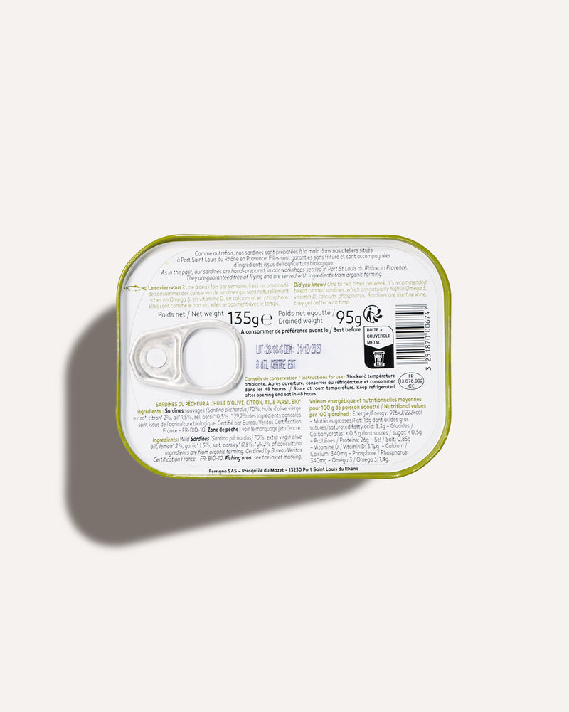 Sardines du pêcheur à l’huile d’olive, citron, ail et persil bio - La Bonne Mer Ferrigno