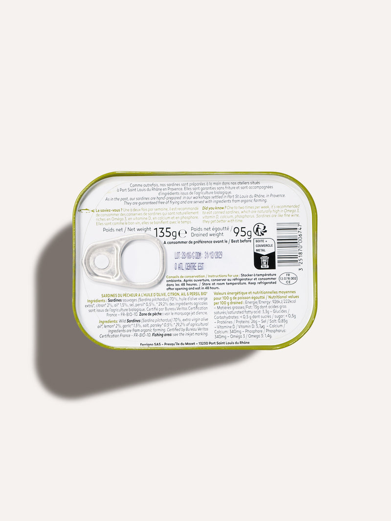 Sardines du pêcheur à l’huile d’olive, citron, ail et persil bio - La Bonne Mer Ferrigno