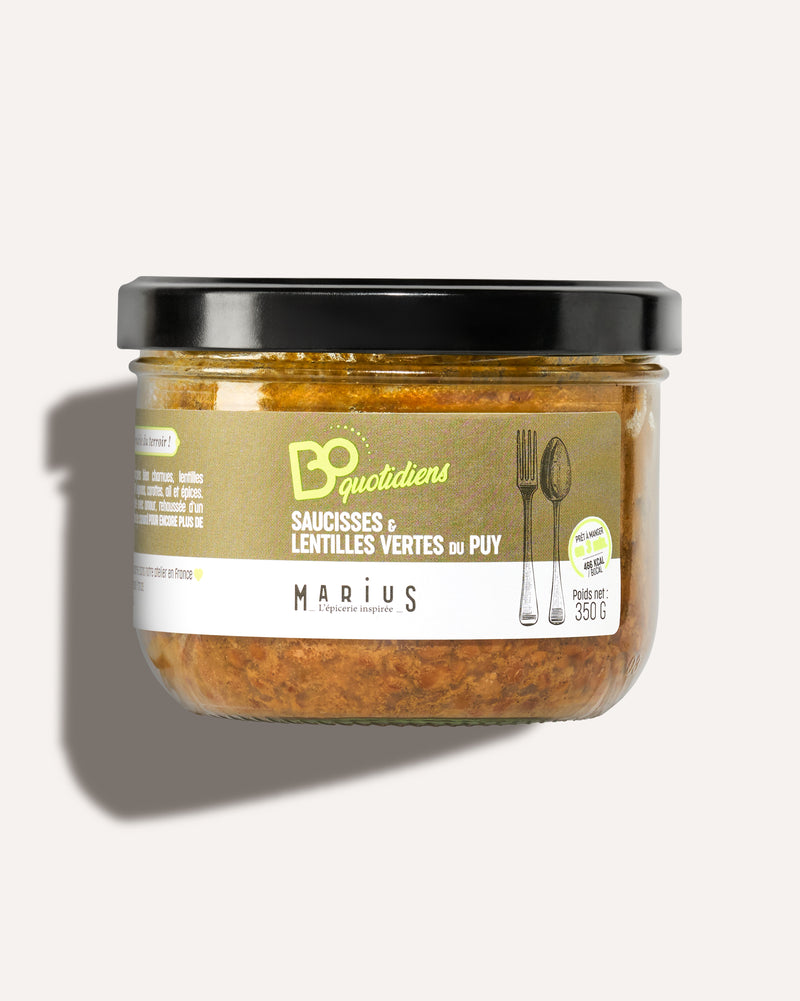 Saucisses & lentilles vertes du Puy AOP plat cuisiné individuel BoQuotidiens MARiUS