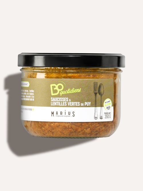 Saucisses & lentilles vertes du Puy AOP plat cuisiné individuel BoQuotidiens MARiUS