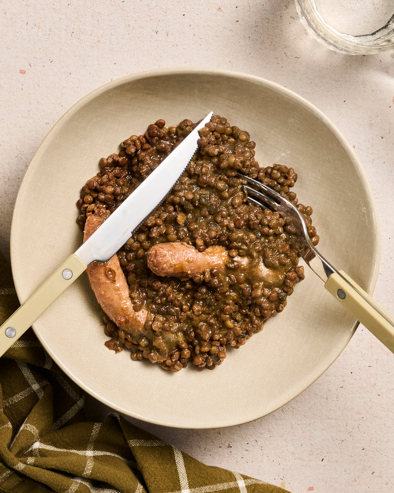 Saucisses & lentilles vertes du Puy AOP plat cuisiné individuel BoQuotidiens MARiUS