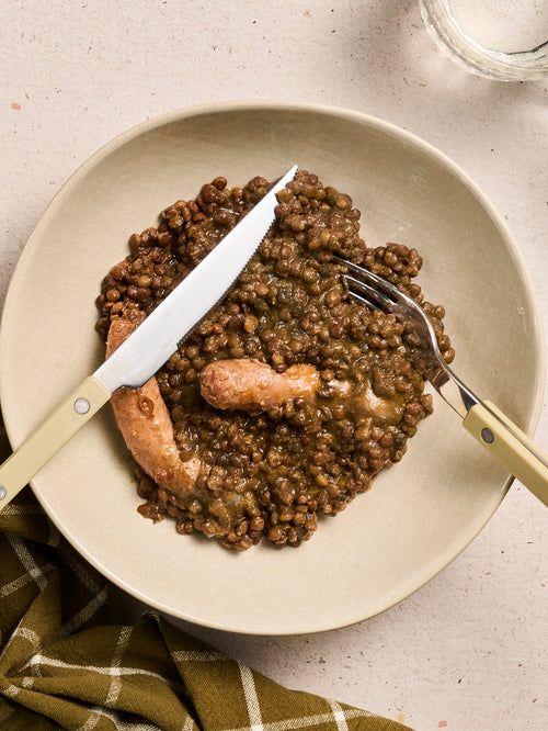 Saucisses & lentilles vertes du Puy AOP plat cuisiné individuel BoQuotidiens MARiUS