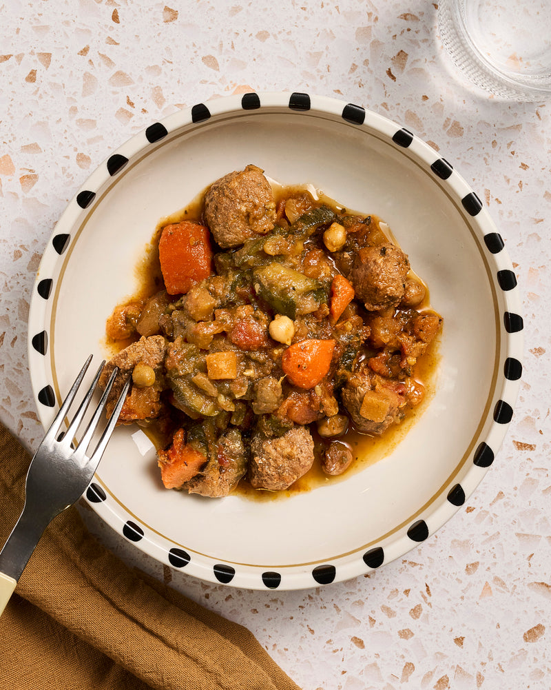 Tajine de boulettes d’agneau et légumes plat cuisiné individuel BoQuotidiens MARiUS